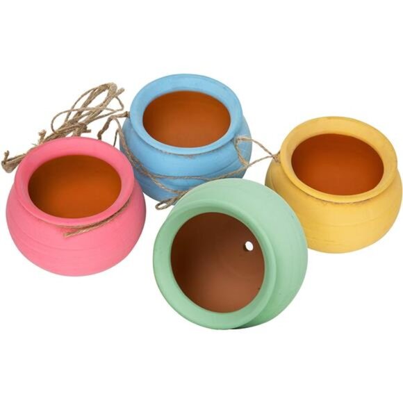 MyGift 4-Pot Bright Pastel Ceramic Hanging Flower Planter Set - Picture 4 of 7